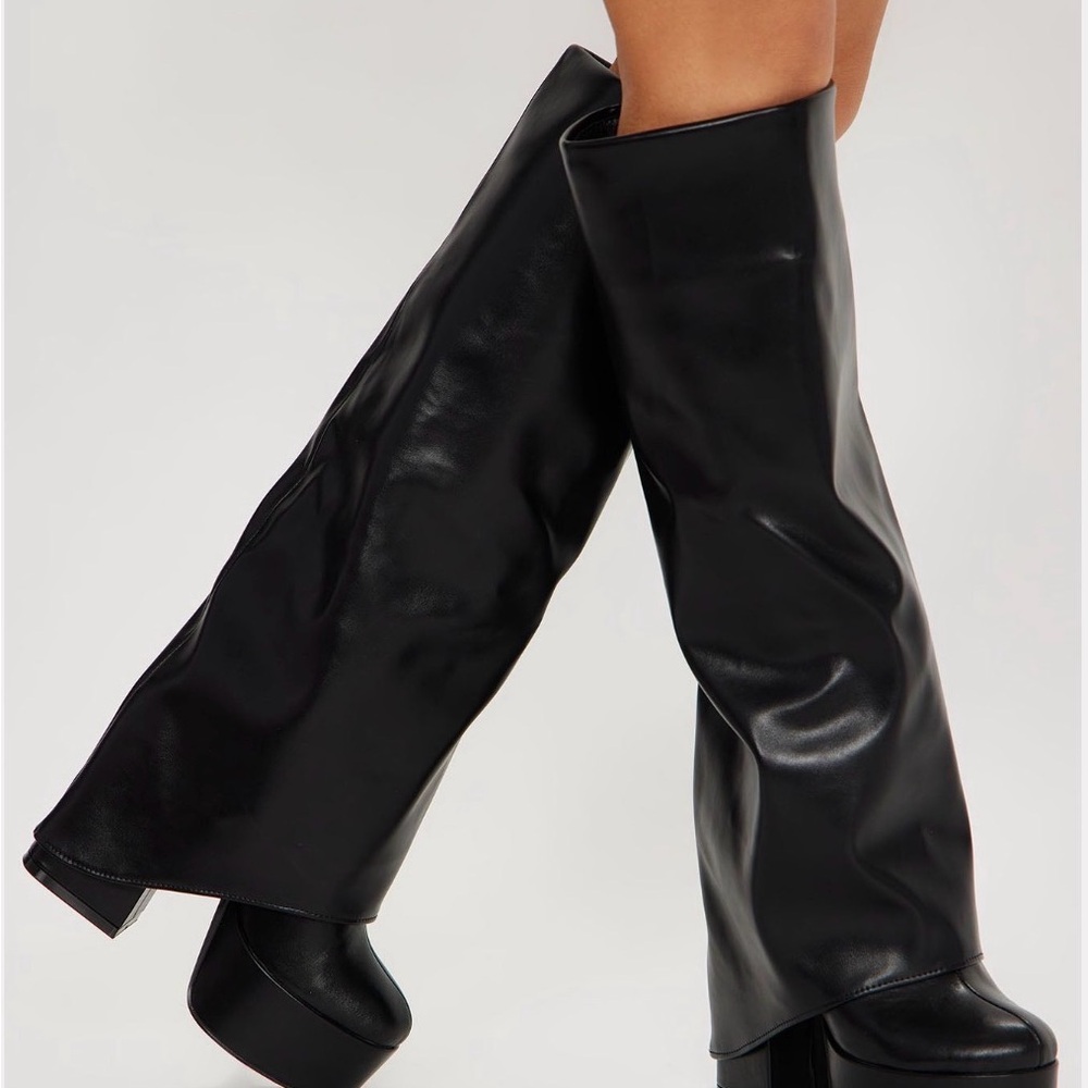 Overlay Black Knee-High Boots